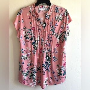 Serengeti Pink Floral Pleated Front Whimsical Casual Blouse Top Sz XL